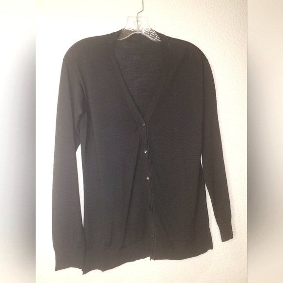 100% Wool Cardigan Sweater in Black With Ribbed Cuffs & Waist - Picture 5 of 7